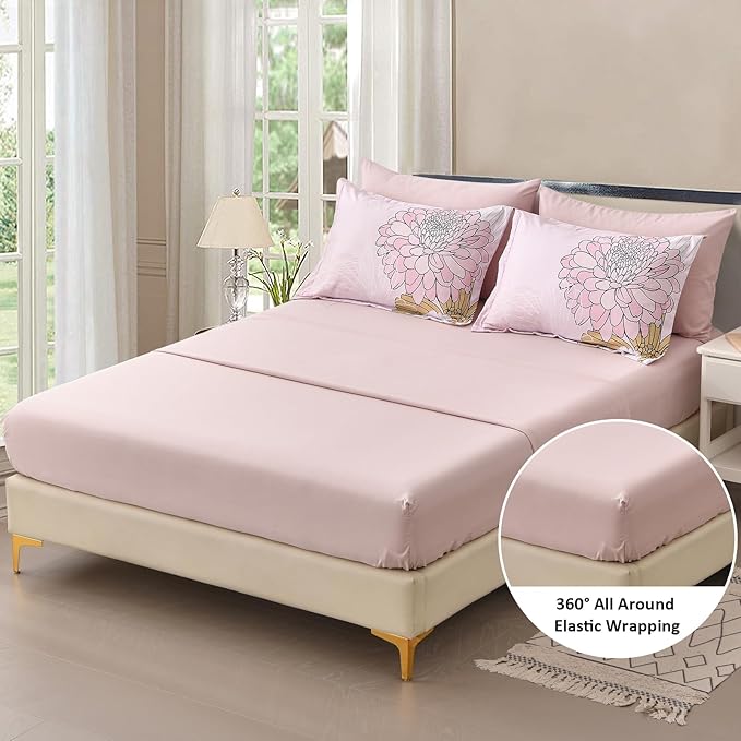 Yiran Bed in a Bag 7 Pieces Pink Colorful Floral Comforter Set Queen Size Soft Microfiber Bedding Set with Comforter,Sheets, Pillowcases & Shams 90"×90"