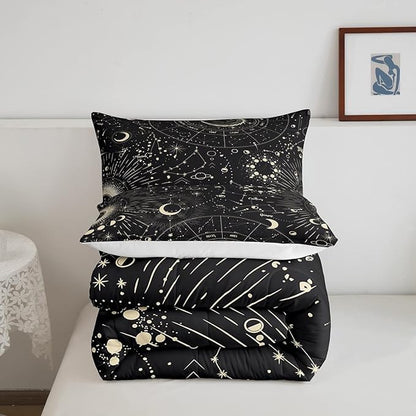 Feelyou Sun and Moon Comforter Set Boho Exotic Bedding Set Galaxy Astrology Comforter for Boys Girls Children Teens Bedroom Decor Chic Cute Luxury Zodiac Signs Duvet Set King Size Quilt Set