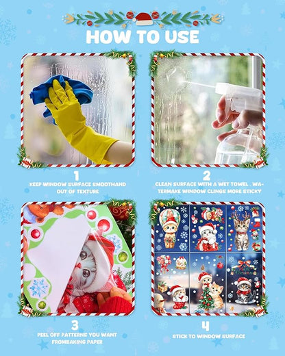 Christmas Window Clings Decorations - Cute Funny Double-Sided Static Stickers for Glass Windows and Doors, Perfect Decorations, with Cat Kitten Pattern, Reusable 9 Sheets