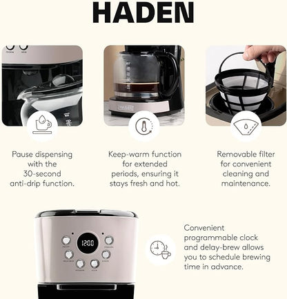 HADEN 12-Cup Programmable Coffee Maker for Home or Office, Putty & Chrome – Drip Brewer Machine with Brew Strength, Delay Brewing, Auto Shut-Off and Reusable Washable Water Filter