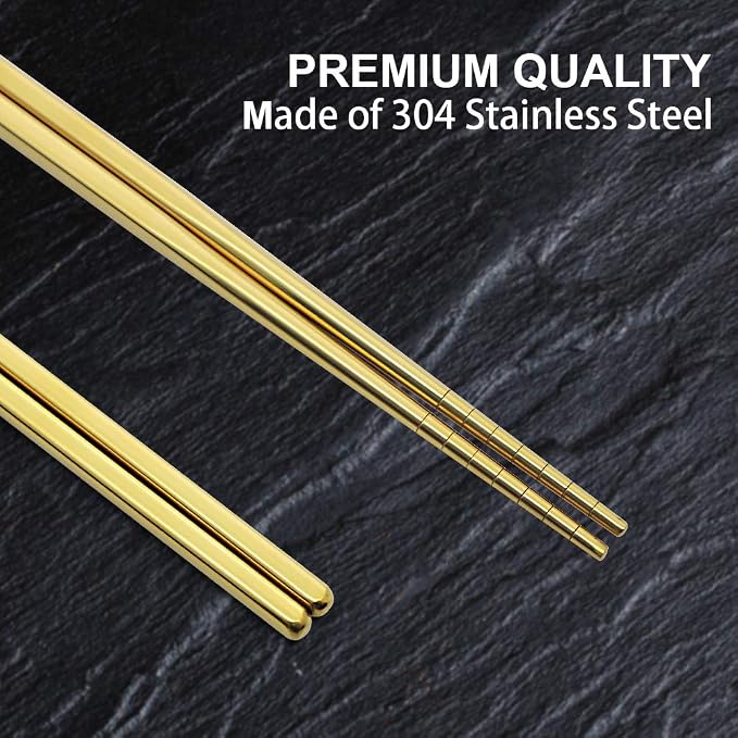 Stainless Steel Chopsticks Reusable Multicolor Lightweight 304 Metal Chopsticks Dishwasher Safe - 5 Pairs (Gold)