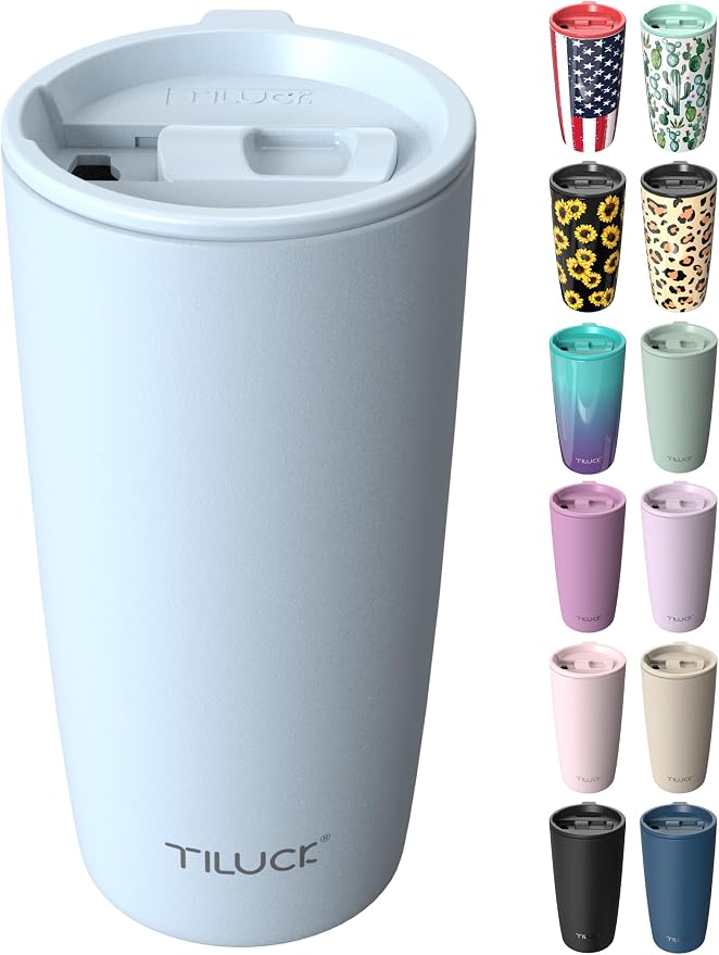 TILUCK 20 oz Insulated Coffee Tumbler with BPA-Free Lid | Travel Coffee Mug, Dishwasher Safe, Cup Holder Friendly, Double-Wall Vacuum Insulation for Hot & Cold Drinks,MatteLightBlue