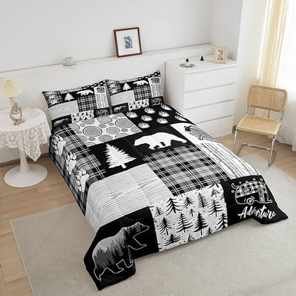 Bear Plaids Comforter Set King Size,Pine Trees Animals Hunting Bedding Set for Kids Boys Girls Adults Room Decor,Adventure Rustic Farmhouse Down Comforter,Black Retro Duvet Insert,2 Pillowcases
