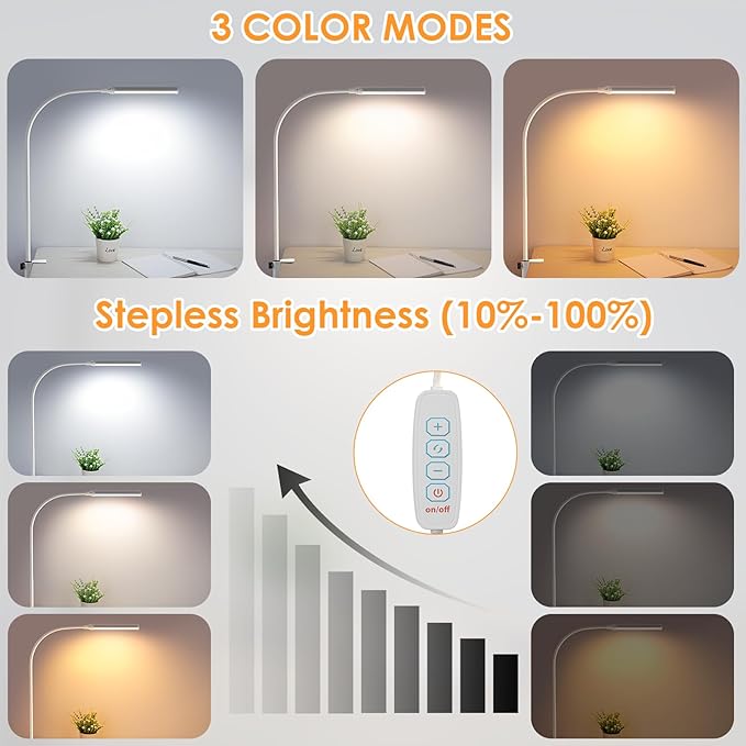 ShineTech LED Desk Lamp for Home Office, Eye-Caring Desk Light with Clamp, 3 Colors Stepless Brightness Adjustable Flexible Gooseneck, USB Adapter Architect Task Lamps for College Dorm Room