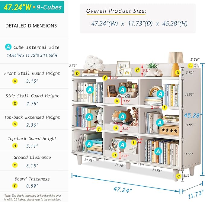 Wooden Cube Bookcase with Legs - 3-Tier Open Shelf Kidsroom Sorted Storage Cabinet Organizer for Books and Toys, 9-Cube Lattice Cute Cubby Bookshelf in Pearl White, 47" W