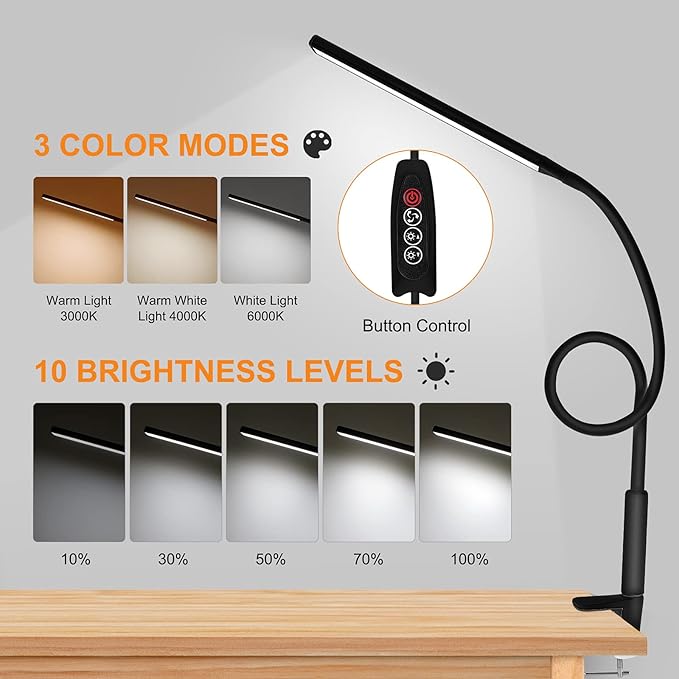 LED Desk Lamp, Swing Arm Table Lamp with Clamp, Flexible Gooseneck Task Lamp, Eye-Caring Architect Desk Light, 3 Modes 10 Brightness Levels, Memory Function Desk Lamps for Home Office, 12W