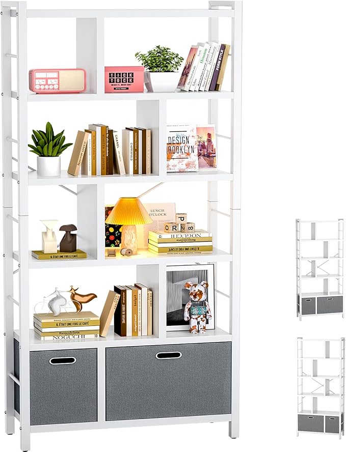 armocity 74 Inch Tall Bookshelf, 6 Tier Bookcase with Drawers, Modern Book Shelf Display Standing Shelf Units with Storage, Wood and Metal Bookshelves for Living Room, Bedroom, Home Office, White