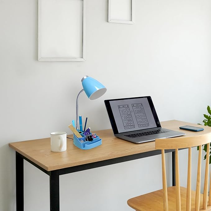 Simple Designs LD1067-BLU Compartmental Desk Lamp with iPhone/iPad/Tablet Stand, Bendable Gooseneck, for Office, Living Room, Nightstand, Library, Entryway, Blue