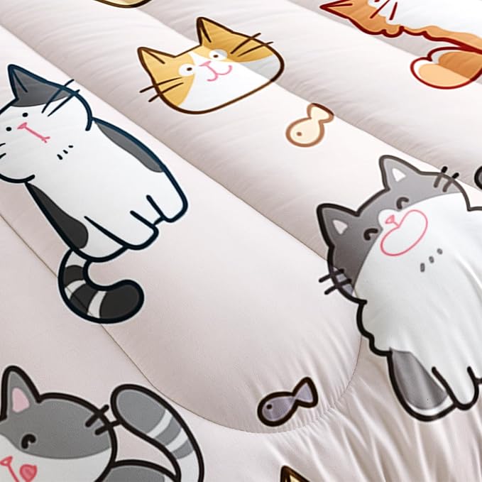 Kids Cute Cat Comforter Set Twin Size 3Pcs Cartoon Pet Cat Fishing Bedding Set Lovely Animal Quilt Bed Set for Children Girls Boys Room Decor