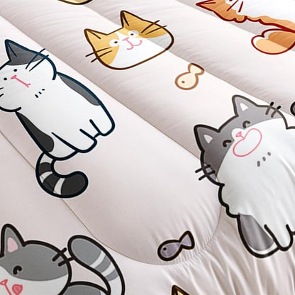 Kids Cute Cat Comforter Set Twin Size 3Pcs Cartoon Pet Cat Fishing Bedding Set Lovely Animal Quilt Bed Set for Children Girls Boys Room Decor