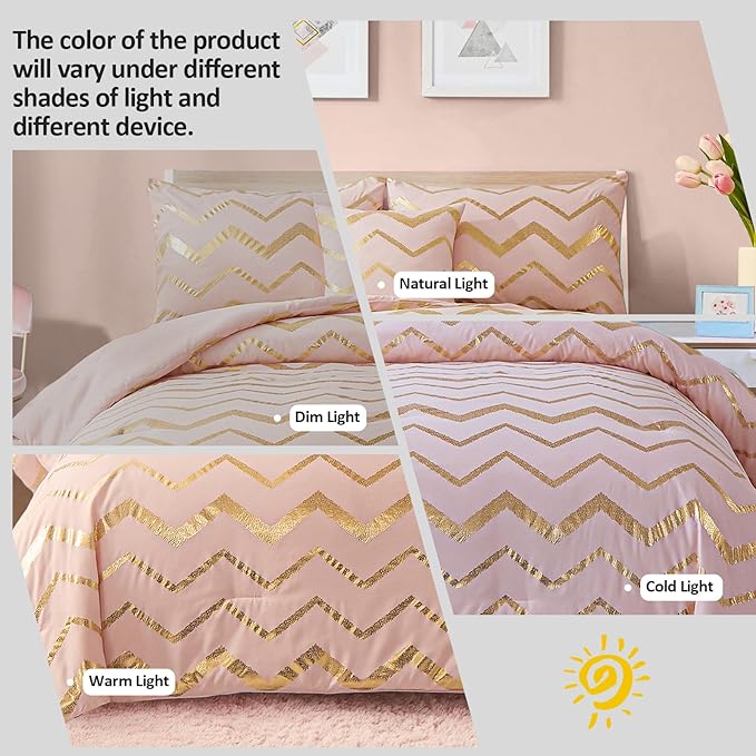 Pink Comforter Set Queen Size, Metallic Blush and Rose Gold Bedding Set, 4 Piece Lightweight Microfiber Bed Set for Teen Girls Women (2 Pillow Shams + 1 Decorative Pillow Sham)
