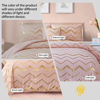 Pink Comforter Set King Size, Metallic Blush and Rose Gold Bedding Set, 4 Piece Lightweight Microfiber Comforter for Teen Girls Women (2 Pillow Shams + 1 Decorative Pillow Sham)
