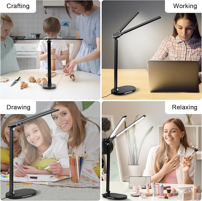 Doule Head Desk Lamp, Dimmable Desk Light, Adjustable Reading Lamps, Eye-Caring Table Lamp, Multi-Angle Adjustable and Foldabel Design Table Lamp - Black