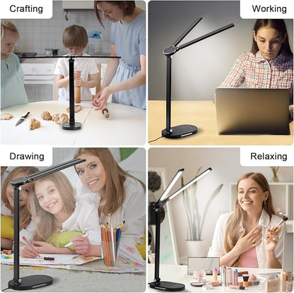 Doule Head Desk Lamp, Dimmable Desk Light, Adjustable Reading Lamps, Eye-Caring Table Lamp, Multi-Angle Adjustable and Foldabel Design Table Lamp - Black