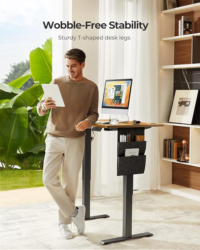 Standing Desk Adjustable Height, Electric Standing Desk with Starage Bag, Stand up Desk for Home Office Computer Desk Memory Preset with Headphone Hook, 48x24 Inch, Rustic