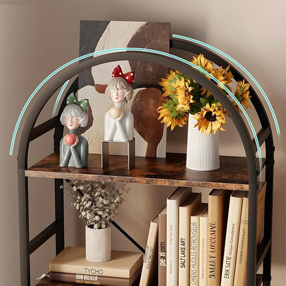 4-Tier Bookshelf, 24 Inch Width Industrial Arched Bookcase, Vintage Storage Rack with Open Shelves, Free Standing Shelf for Home Office, Living Room,Bedroom, Rustic Brown