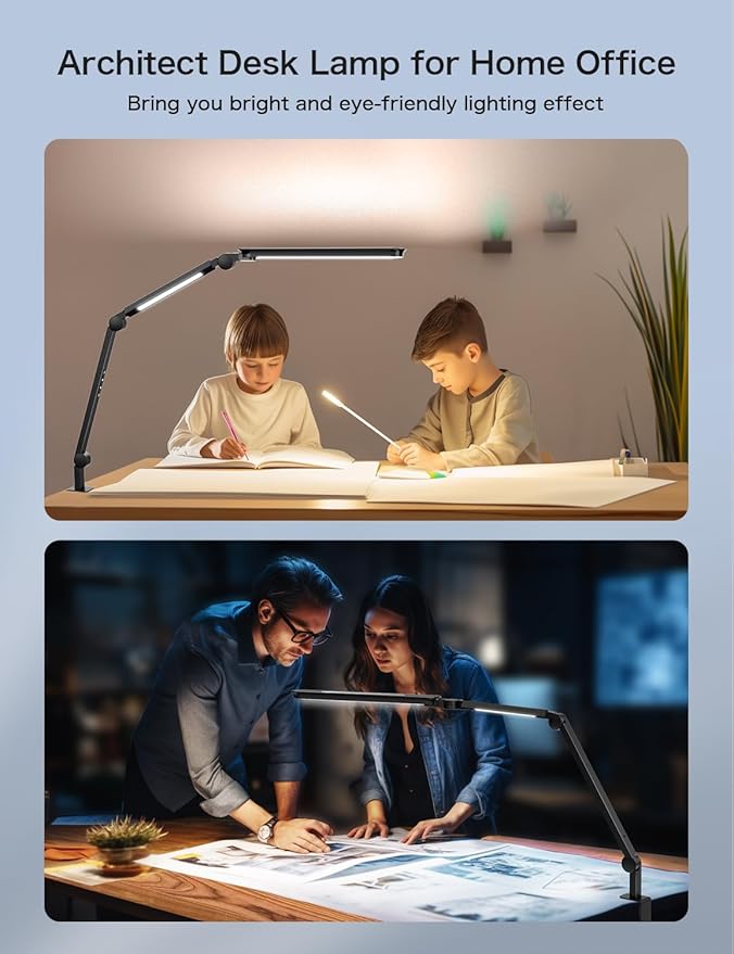 Sky LED Desk Lamp with Remote Control - Three Light Sources・24W・Ajustable Atmosphere Lighting - Flexible Swing Arm, 4 Color Modes & 4 Brightness, Architect Desk Lamp with Clamp for Home Office