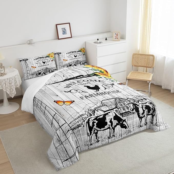 Farmhouse Windmill Comforter Set Full Size Rustic Farm Barn Door Bedding Comforter Sets for Cowboy Cowgirl, Vintage Western Cow Gifts Bedding Room Decor Butterfly Sunflowers Wooden Plank Duvet Insert