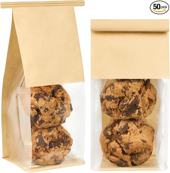 Ocmoiy Small Cookie Bags with Window, 3.9 x 3.5 x 9.5 Inches, 50 Pack | Tin Tie Tab Lock, Bakery Packaging Bag, Resealable Paper Pastry Bags, For Homemade Granola, Popcorn, Candies, Treat