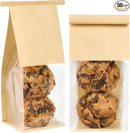Ocmoiy Small Cookie Bags with Window, 3.9 x 3.5 x 9.5 Inches, 50 Pack | Tin Tie Tab Lock, Bakery Packaging Bag, Resealable Paper Pastry Bags, For Homemade Granola, Popcorn, Candies, Treat