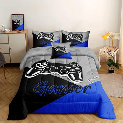 6 Pieces Bed in A Bag Gamer Bedding Set for Boys Kids Adult Gaming Comforters Set,Boys Bed in A Bag Set Full Size Comforter with Fitted Shee Flat Sheet Pillowcase pillowsham,DJT5002Queen