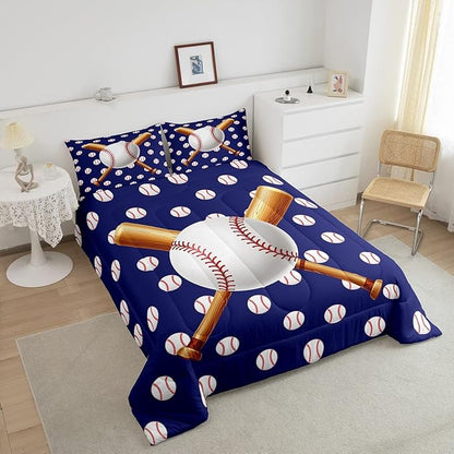 Feelyou Baseball Comforter Set Sports Bedding Set Ball Comforter for Kids Boys Girls Baseball Games Blue Duvet Set Room Decor Quilt Baseball Bat Print Twin Size Boys