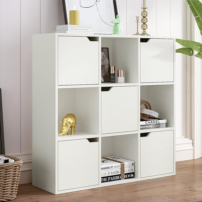 9-Cube Storage Shelf Bookcase - Wooden 3-Tier Floor Standing Open Bookshelf with Doors for Home and Office, Display Cabinet, Warm White