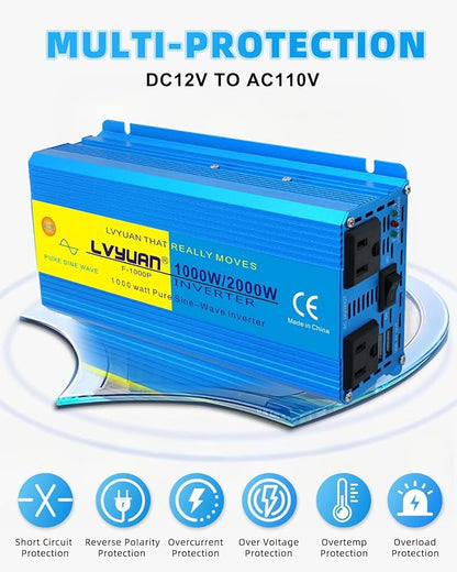LVYUAN 1000 Watt Pure Sine Wave Inverter 12V to 110V 120V DC to AC with U.S. Outlet, USB Charger Ports, Car Power Inverter for Vehicles, RV, Outdoor, Home