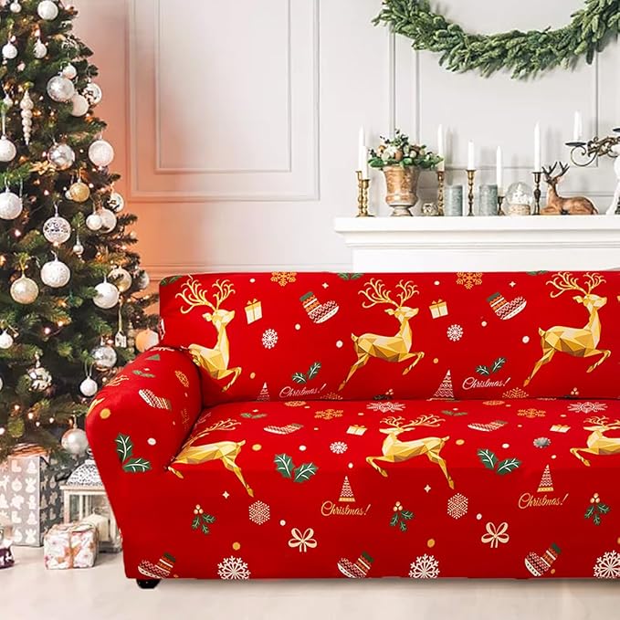 Mybedsoul Christmas Printed Red Sofa Cover Reindeer Printed Elastic Couch Cover Machine Washable Christmas Theme Red Sofa Slipcover for Living Room(2 Seater/Loveseat)