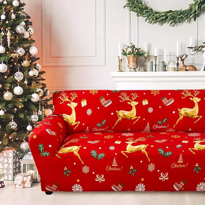 Mybedsoul Christmas Printed Red Sofa Cover Reindeer Printed Elastic Couch Cover Machine Washable Christmas Theme Red Sofa Slipcover for Living Room(2 Seater/Loveseat)