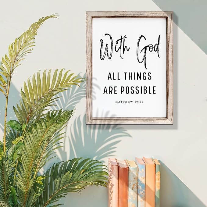 Christian Wooden Wall Signs, Religious Home Decor, Farmhouse Decor for Home Office, Christian Gift, Hanging Framed Wall Plaque 15 * 11.5 inches, With God All Things are Possible Sign
