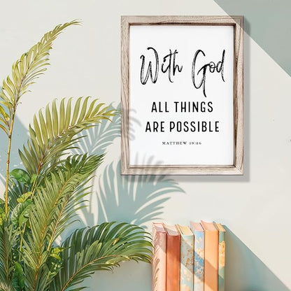 Christian Wooden Wall Signs, Religious Home Decor, Farmhouse Decor for Home Office, Christian Gift, Hanging Framed Wall Plaque 15 * 11.5 inches, With God All Things are Possible Sign