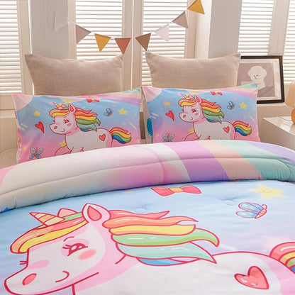 Aimuan Girls Unicorn Comforter Set 3 Pieces Pink Purple Bedding Set with Rainbow Star Galaxy Stars Fantasy Children Room Decor Soft Reversible Bed Sets for Boys/Girls/Teens (Pink Blue Full3Pcs)