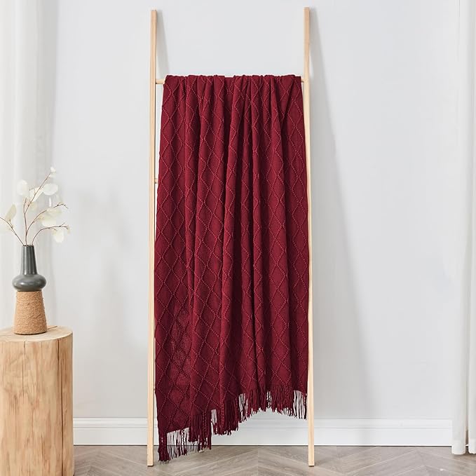 inhand Knitted Throw Blankets for Couch and Bed, Soft Cozy Knit Blanket with Tassel, Claret Lightweight Decorative Blankets and Throws, Farmhouse Warm Woven Blanket for Men and Women, 50"x60"