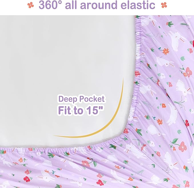 Mooreeke Bed in a Bag for Kids Girls Teens, 5 Pieces Twin Size Comforter Bed Set with Shams, Sheet Set, Rabbit Purple Super Soft Microfiber Kids Comforter Bedding Set