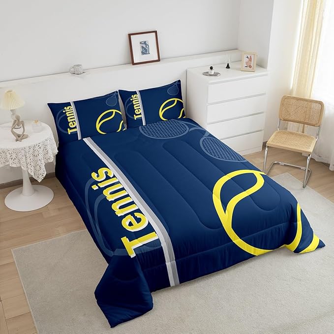 Feelyou Kids Tennis Comforter Set Queen Size Tennis Sports Bedding Set for Boys Girls Teens Bedroom Decor Tennis Gaming Comforter Blue Yellow Tennis Lovers Duvet Set with 2 Pillow Case