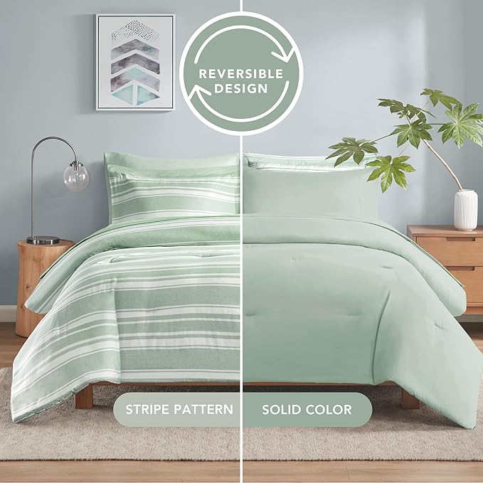 Codi Bed in a Bag Twin Size Complete Set, Sage Green White Striped Single Comforter Set 5 Piece for Teen, Modern Neutral Cationic Dyeing Bed Sets with Comforter, Sheets, Pillowcases & Shams