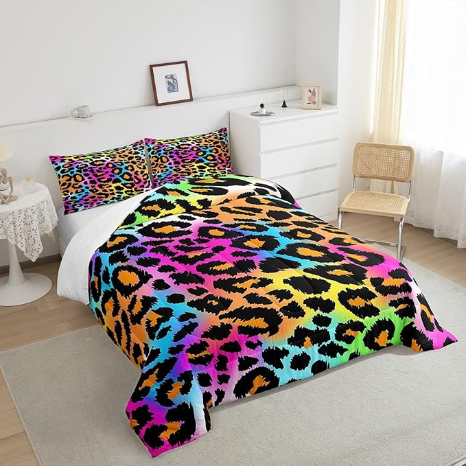 Leopard Print Comforter Set for Girls Kids Women Neon Rainbow Leopard Fur Bedding Set Mottled Exotic Panthera Skin Comforter Room Decor Colorful Camouflage Safari Theme Duvet Set King Size Quilt Set
