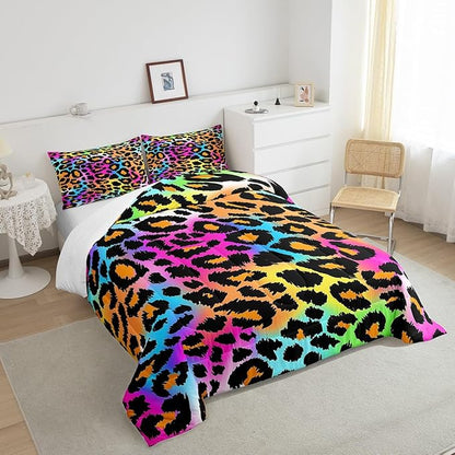 Leopard Print Comforter Set for Girls Kids Women Neon Rainbow Leopard Fur Bedding Set Mottled Exotic Panthera Skin Comforter Room Decor Colorful Camouflage Safari Theme Duvet Set Queen Size Quilt Set