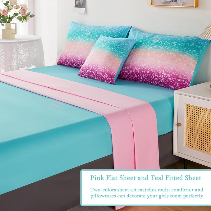 URBONUR Girls Comforter Set Full Size Gradient Glitter Purple Orange Teal Sparkle Bedding Comforter with Sheets Set 6 Piece Bed-in-a-bag Light Weight All Season Easy Care Bed Set