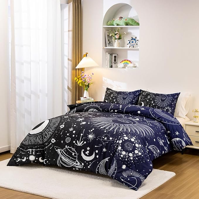Holawakaka Stars Moon Constellation Print Comforter Set Queen Size Girls Boys Witchy Astrology Zodiac Celestial Bedding Set (Navy Blue, Queen)