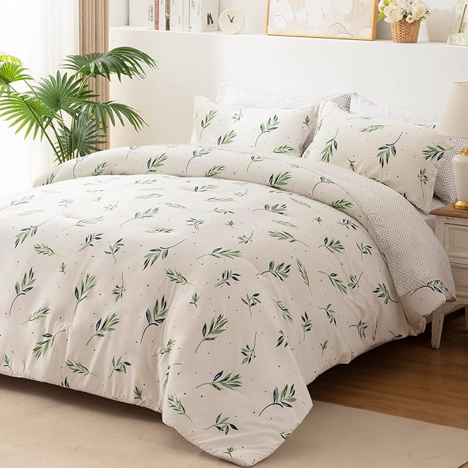 EMME Queen Comforter Set - Sage Green Floral Bedding Set 7 PCS with Nature Leaves Pattern, Soft Leaf Printed Botanical Bed Set with Sheets, Fluffy Bed Bag for All Season(90"X90")