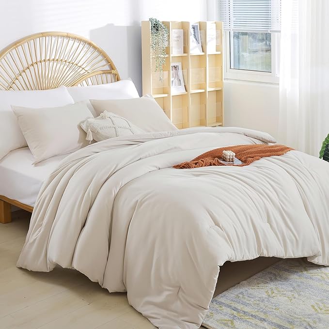 Beige Comforter Set Twin Boho Cream Twin Comforter with 1 Pillowcases - Soft Lightweight Cozy Bedding Set for All Season - Beige Comforter Twin Size for Women Teens Kids