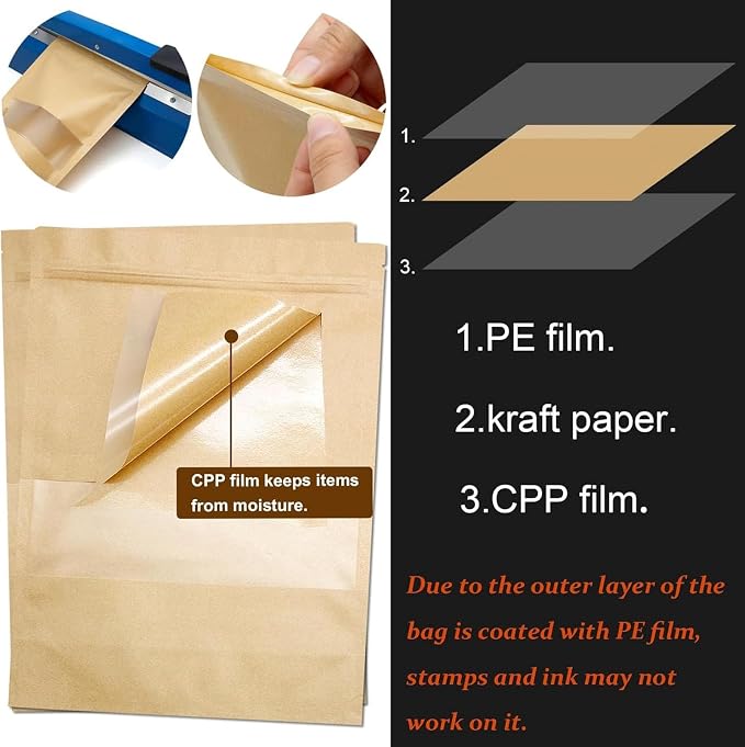 100 Pcs Brown Kraft-Paper-Bags with Window, 3.5 * 5.5 inch Stand Up Zipper Pastry Bags, Zip Lock Food Storage Bag for Packaging Products, Reusable, Sealable
