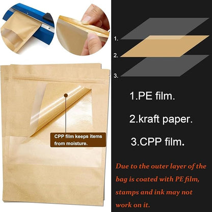 100 Pcs Brown Kraft-Paper-Bags with Window, 3.5 * 5.5 inch Stand Up Zipper Pastry Bags, Zip Lock Food Storage Bag for Packaging Products, Reusable, Sealable