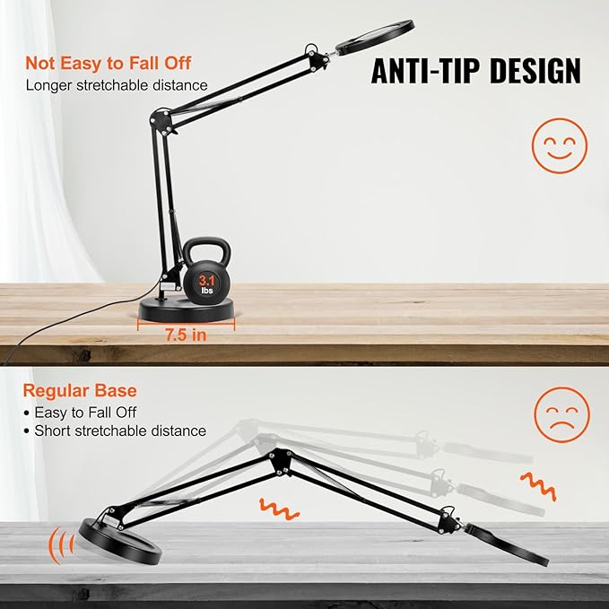 VEVOR 5X Magnifying Glass with Light and Stand, 【Upgraded】 5 Color Modes Stepless Dimmable, 4.3" Glass Lens Magnifier Desk lamp, 2-in-1 Magnifying Light and Stand for Crafts, Reading, Close Work
