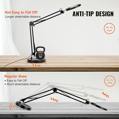 VEVOR 5X Magnifying Glass with Light and Stand, 【Upgraded】 5 Color Modes Stepless Dimmable, 4.3" Glass Lens Magnifier Desk lamp, 2-in-1 Magnifying Light and Stand for Crafts, Reading, Close Work