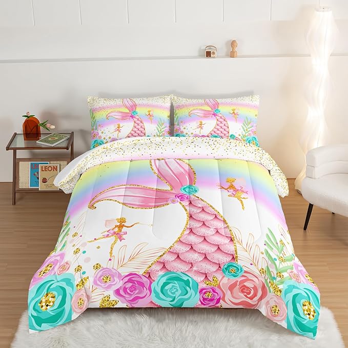 HOSIMA Mermaid Comforter with 2 Pillowcases,Girly Rainbow Bedding Set Glitter Pink Mermaid Tail Comforter Set,Flower Fairies Rose Gold Comforter Set,Floral Full Size Bed in a Bag Set.