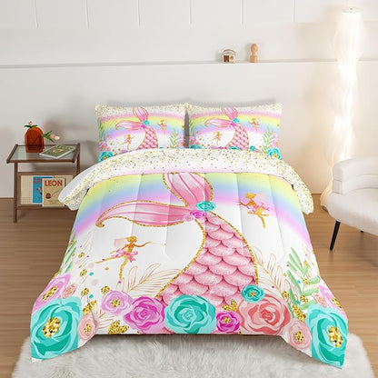 HOSIMA Mermaid Comforter with 2 Pillowcases,Girly Rainbow Bedding Set Glitter Pink Mermaid Tail Comforter Set,Flower Fairies Rose Gold Comforter Set,Floral Queen Comforter Set.