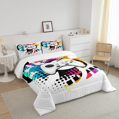 Kids Gaming Comforter Set King Gamer Bedding Set, Modern Console Game Controller Duvet Set for Boys Girls Teens, White Gamepad Quilt Set, Tie Dye Colorful Comforter Set Grey White Soft Bedding Set